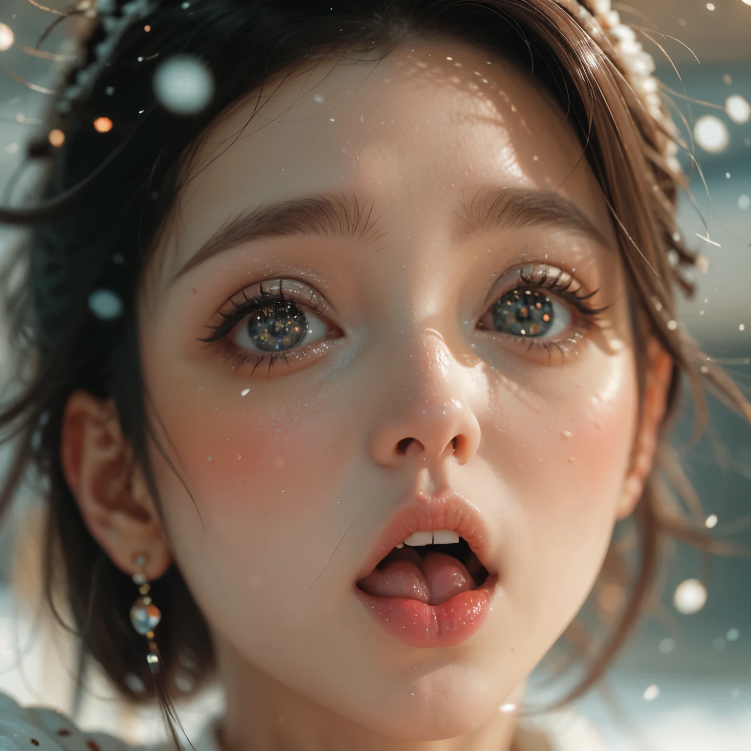 ExtremelyDetailed Kawaii girl Face,(Close-up big lips), glossy lips with beautiful details, Coquettish tongue, Kissing to camera, towards the viewer, 8K TopQuality masterpiece,an extremely delicate and beautiful (ProfessionalPhoto:1.37), Amazing,finely detail,official art,incredibly absurdres,ultra-detailed,close-up shot, close up, (fish eye lens), wide lens, macro lens, Detailed reflective Eyes ElaboratePupils with (sparkling highlights:1.28) (Delicate Voluminous LongEyelashes:0.88), Tilted face (offshoulder Dripping juice on tongue) snow particles
