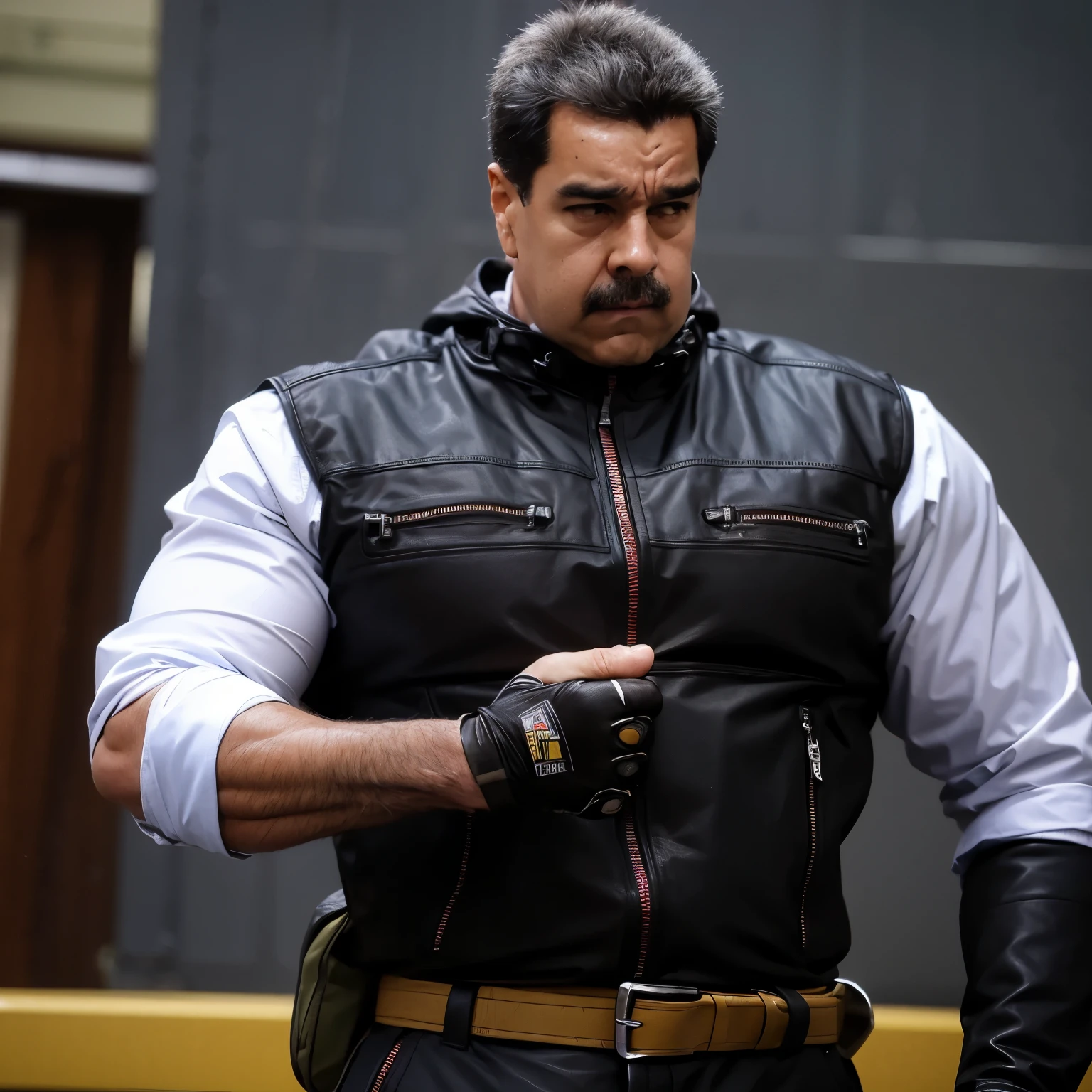 (masterpiece, best quality:1.2) The man is wearing a black tactical vest and fingerless gloves, highlighting his strong and muscular physique. He also has a tool belt with several pouches, adding to his action-oriented appearance.
The subject stands confidently with his arms crossed, exuding a sense of power and readiness. His facial expression is intense, with a slight furrow between his eyebrows, matching the dramatic and stormy surroundings.