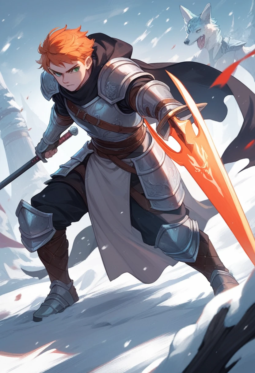 black haired anime boy with white eyes wearing hood and armor wielding a pitch black sword in the snow, accompanied by an orange haired anime girl with green eyes in nordic armor and a spear and shield in her hand, 4k