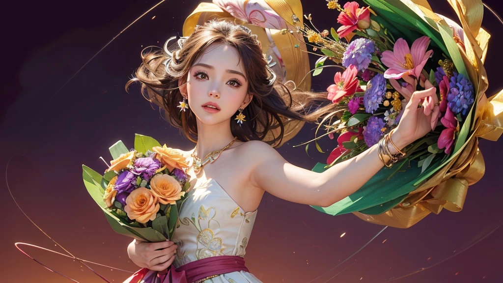 32K, 最高quality, 最高masterpiece, (ultra-Detailed Background, Detailed Background), High resolution, Super detailed, Very detailedな, One girl, (bouquet:1.3), (Tangled:1.2), (Geometric:1.2),(colorful),(masterpiece, quality, best quality, Official Art, Beautiful and beautiful:1.2), (1 girl:1.3), Very detailed,(colorful:1.1)(Flowers:1.3),Most detailed,(Tangled:1.2), whole body, (Abstract background:1.3), (Skin glows), (Many colors:1.4), ,(Earrings Jewelry:1.5), Pale Red Background,