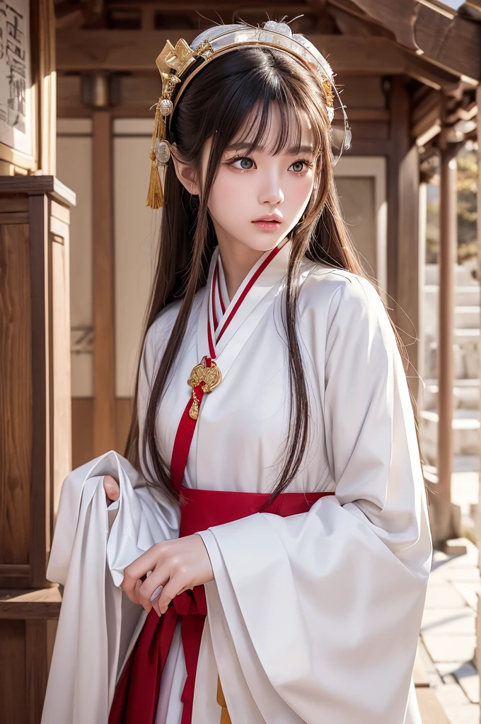 White hunting uniform, red straight lines on white outfit, a shinto shrine maiden, detailed face, detailed eyes, detailed lips, long straight brown hair, gold simple thin hair band, conservative outfit, holding silver scissors, standing in a shrine courtyard, upper body closeup, high quality, digital art, photorealistic, dramatic lighting, cinematic, masterpiece