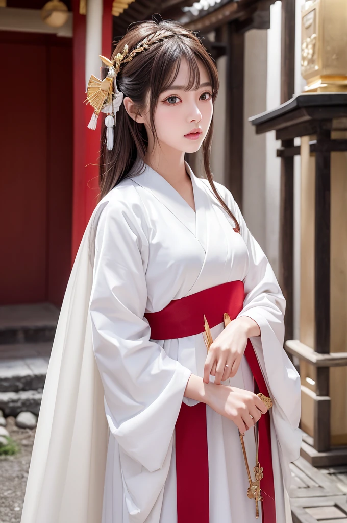 White hunting uniform, red straight lines on white outfit, a shinto shrine maiden, detailed face, detailed eyes, detailed lips, long straight brown hair, gold simple thin hair band, conservative outfit, holding silver scissors, standing in a shrine courtyard, upper body closeup, high quality, digital art, photorealistic, dramatic lighting, cinematic, masterpiece