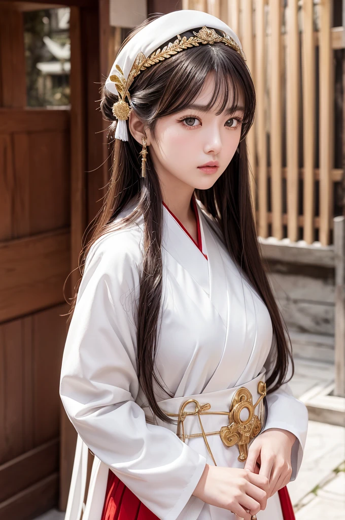 White hunting uniform, red straight lines on white outfit, a shinto shrine maiden, detailed face, detailed eyes, detailed lips, long straight brown hair, gold simple thin hair band, conservative outfit, holding silver scissors, standing in a shrine courtyard, upper body closeup, high quality, digital art, photorealistic, dramatic lighting, cinematic, masterpiece