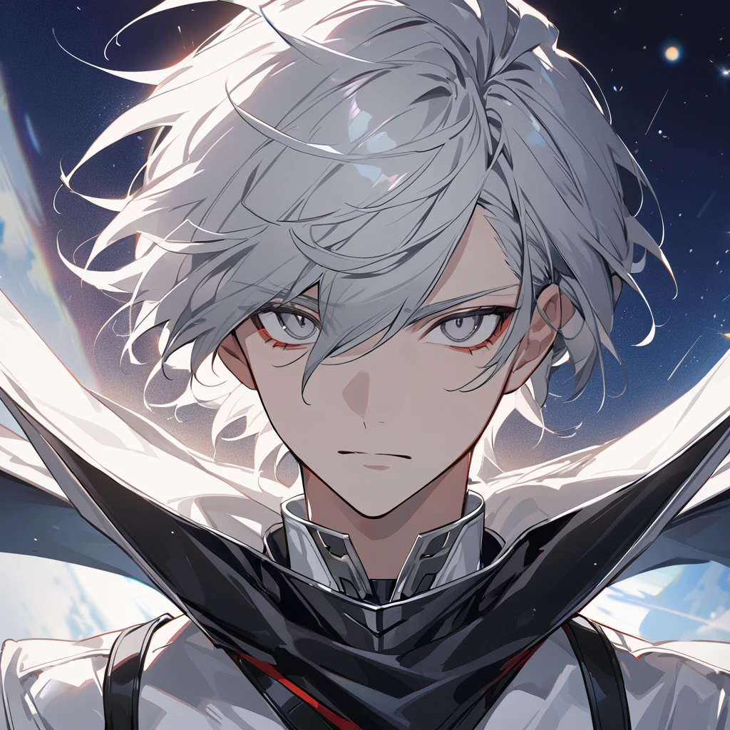 High quality, HD, 4k, no shadows, handsome male, 1male, 17 years old, teenager, short white hair, sharp eyes, grey colored eyes, deep grey eyes, grey eyes, devil may cry, close up, calm expression, stoic expression, black leather clothes, white leather clothing, lean body, well trained body, upper body, looking at viewer, cowboy shot, white solar, space background