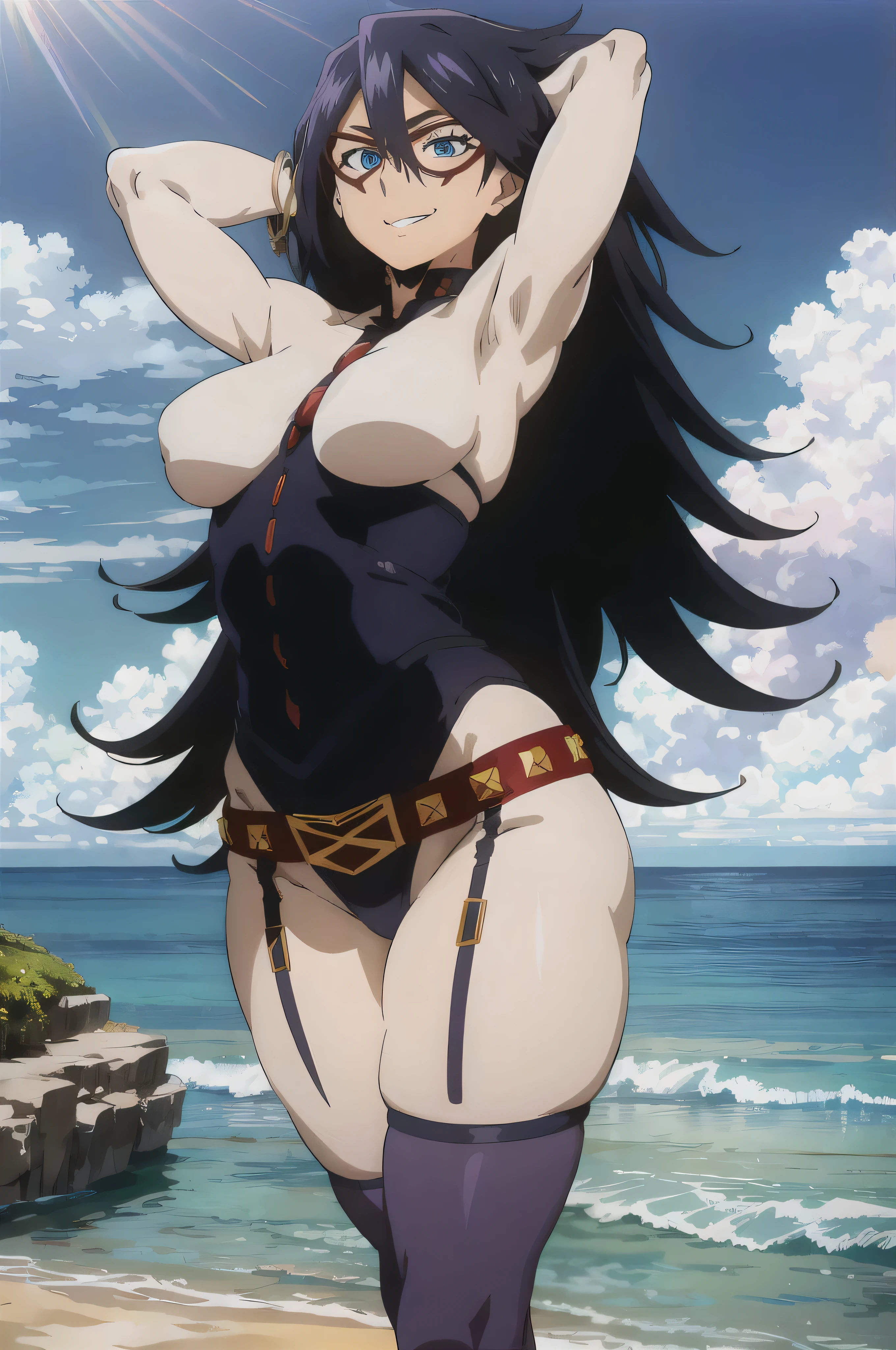 masterpiece, best quality, highres, midnight, black hair, hair between eyes, long hair, domino mask, blue eyes, bangs, jewelry, purple thighhighs, 1girl, solo, breasts, looking_at_viewer, smile, cleavage, bare_shoulders, collarbone, standing, hands behind head, thick thighs, thong underwear, wide hips, curvy, breasts, large breasts, big breasts, huge breasts, big tits, small bikini, bikini, purple bikini, bare shoulders, bare arms, beach, ocean, underboob, island background, high resolution, beautiful eyes, high quality, ocean background