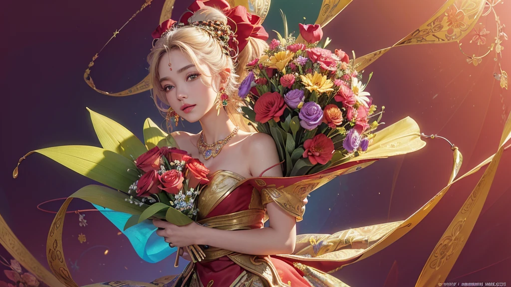 32K, 最高quality, 最高masterpiece, (ultra-Detailed Background, Detailed Background), High resolution, Super detailed, Very detailedな, One girl, (bouquet:1.3), (Tangled:1.2), (Geometric:1.2),(colorful),(masterpiece, quality, best quality, Official Art, Beautiful and beautiful:1.2), (1 girl:1.3), Very detailed,(colorful:1.1)(Flowers:1.3),Most detailed,(Tangled:1.2), whole body, (Abstract background:1.3), (Skin glows), (Many colors:1.4), ,(Earrings Jewelry:1.5), Pale Red Background,