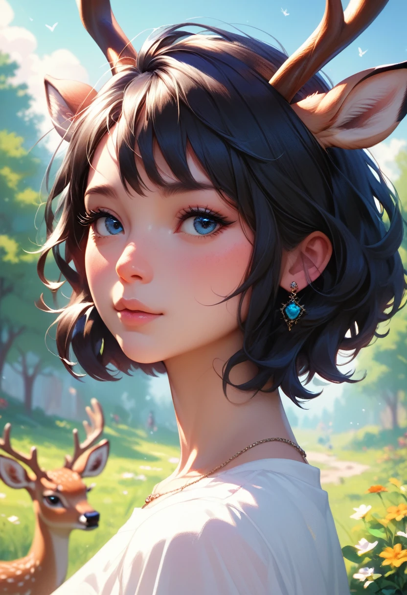 High-resolution photos,A little girl,A giant seven-colored deer