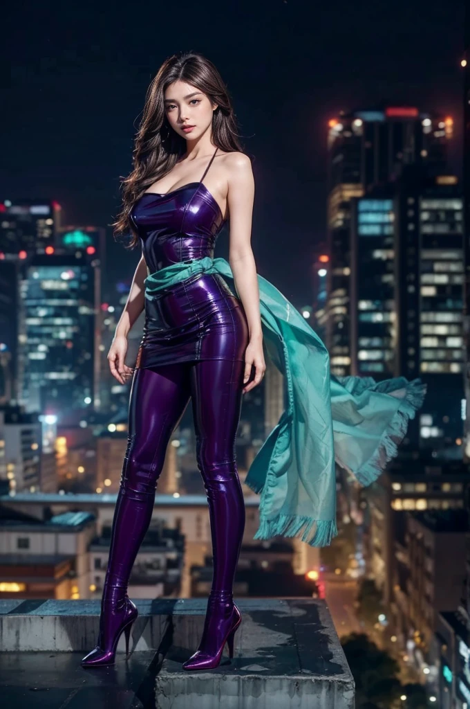 masterpiece, Highest quality, 超A high resolution, (Realistic), RAW Photos, Octane Rendering, Movie Scenes, Depict the whole body, Japanese:1.2, (36 years old), Plump face:1.2, sexy, Highest quality, Very detailed,Very accurate, One Woman, ((Purple full-body tights)), ((Tube top)), ((Stiletto heels)), (((Shiny latex))), (A scarf is tied around the waist), ((Emerald Green, Very long scarf, Brown Hair 1.3, Very long wavy hair:1.2, Big eyes:1.4, Droopy eyes, Solid eye makeup:1.3, Bright red lipstick, Big and ample breasts:1.1, Detailed eyes:1.5, Looking at the viewer:1.2, Big city at night, Rooftop, Big full moon, Spotlight, sexyな立ち姿:1.3