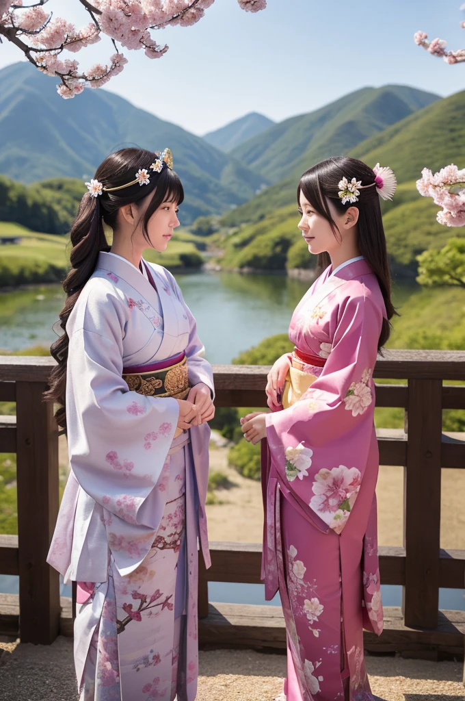 A beautiful ancient Japanese landscape with cherry blossoms in full bloom at the foot of a mountain. Konohana Sakuya-hime, dressed in traditional Japanese clothing with a floral headpiece, has a cute and modern facial appearance, and Ninigi no Mikoto, wearing ancient attire with a determined yet gentle expression, gazing into each other's eyes. The scene is serene and romantic, capturing the moment of their first meeting.