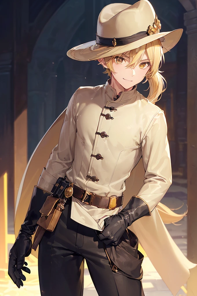 (((masterpiece; best quality: 1.2))), (finely detailed eyes: 1.3), (25 year old elf man), (solo), (yellow eyes: 1.4), (body; toned, fit, masculine: 1.3), (silky blonde hair in low ponytail: 1.3), (beautiful and clear background: 1.2), ((depth of field)), (equipment: adventurer garb + modest + elegant wide-brimmed hunter hat + beige overcoat + shirt + long black slanted cape + black pants + gloves + belt + pouches: 1.3), (anime illustration: 1.2), (background composition; royal garden: 1.1), (extremely fine and handsome: 1.1), (shot composition; standing + centered on torso + close-up: 1.5), (expression; calm, smile: 1.2)