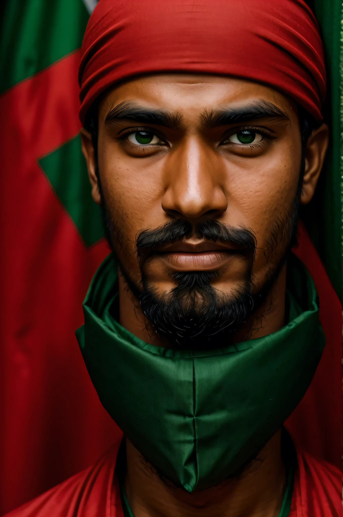 Young man
Little facial hair
Eyes covered by Bangladesh flag
Red & green background 