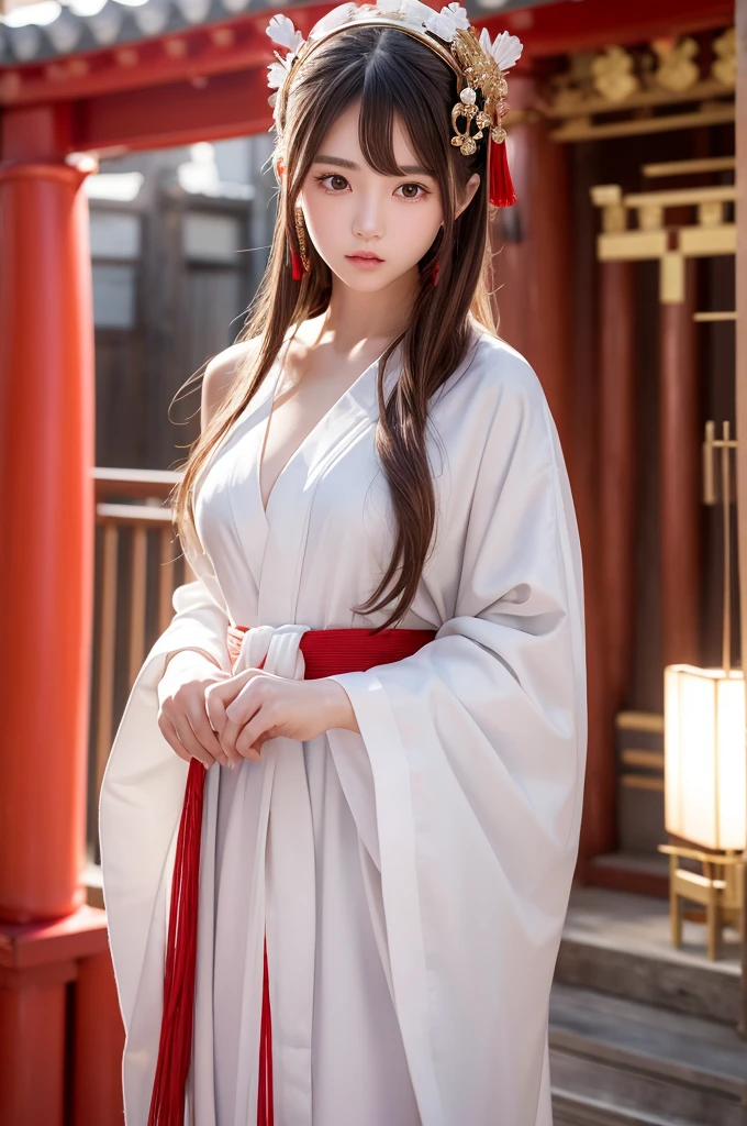 White Robe, Red line from shoulder to hip, a shinto shrine maiden, detailed face, detailed eyes, detailed lips, long straight brown hair, gold simple thin hair band, conservative outfit, holding silver scissors, standing in a shrine courtyard, upper body closeup, high quality, digital art, photorealistic, dramatic lighting, cinematic, masterpiece