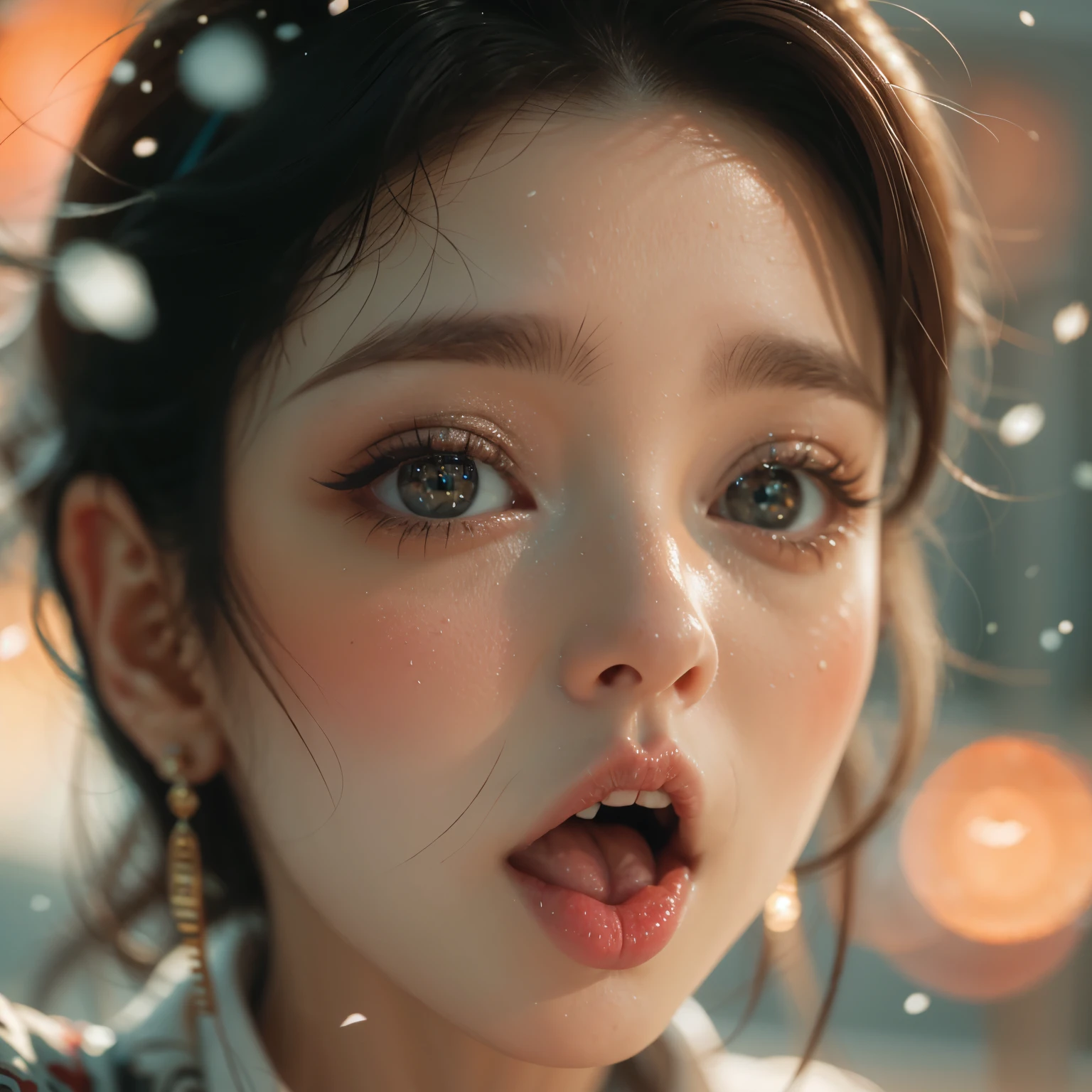 ExtremelyDetailed Kawaii girl Face,(Close-up big lips), glossy lips with beautiful details, Coquettish tongue, Kissing to camera, towards the viewer, 8K TopQuality masterpiece,an extremely delicate and beautiful (ProfessionalPhoto:1.37), Amazing,finely detail,official art,incredibly absurdres,ultra-detailed,close-up shot, close up, (fish eye lens), wide lens, macro lens, Detailed reflective Eyes ElaboratePupils with (sparkling highlights:1.28) (Delicate Voluminous LongEyelashes:0.88), {Tilted face|Visible back of throat|Accumulated saliva drips} (offshoulder Dripping juice on tongue) snow particles