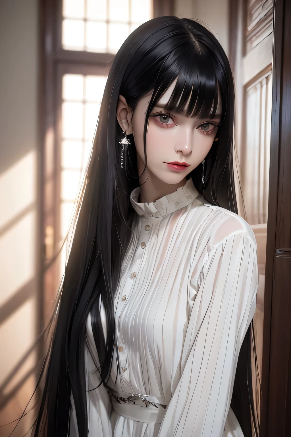 (8k, born, realistic: 1.25), ((striped white hairs)))))), (Thin lip gloss, thin eyebrows, eyelash, tear bag, sharp bangs, shiny face, shiny skin, highest quality, ultra high resolution, Depth of the bounds written, chromatic aberration, caustics, wide lighting, natural shading, K-POPアイドル) Glasses, Calm, Collect a strand of hair with your hand, long hair, smile, Small devil, inside the house