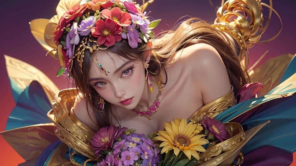 32K, 最高quality, 最高masterpiece, (ultra-Detailed Background, Detailed Background), High resolution, Super detailed, Very detailedな, One girl, (bouquet:1.3), (Tangled:1.2), (Geometric:1.2),(colorful),(masterpiece, quality, best quality, Official Art, Beautiful and beautiful:1.2), (1 girl:1.3), Very detailed,(colorful:1.1)(Flowers:1.3),Most detailed,(Tangled:1.2), whole body, (Abstract background:1.3), (Skin glows), (Many colors:1.4), ,(Earrings Jewelry:1.5), Pale Red Background,