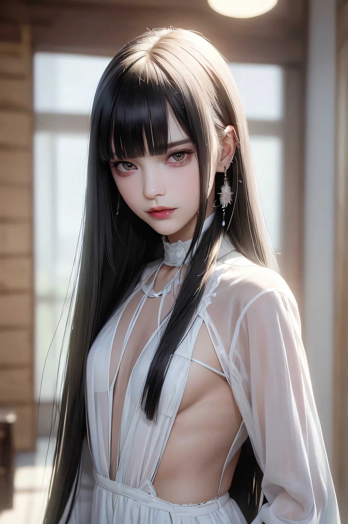 (8k, born, realistic: 1.25), ((striped white hairs)))))), (Thin lip gloss, thin eyebrows, eyelash, tear bag, sharp bangs, shiny face, shiny skin, highest quality, ultra high resolution, Depth of the bounds written, chromatic aberration, caustics, wide lighting, natural shading, K-POPアイドル) Glasses, Calm, Collect a strand of hair with your hand, long hair, smile, Small devil, inside the house