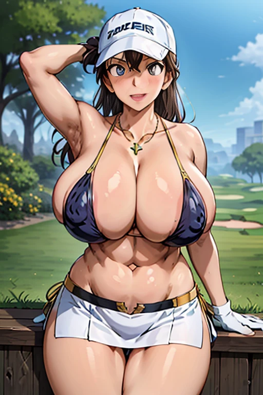 (((Actual Photos,High resolution, 8kHighest quality))),Very detailedな CG Unity 8k 壁紙, Highest quality, Very detailed, Tabletop, Realistic,Very detailedなMature Woman,Mature Woman, ((Huge breasts))Big cleavage ,Big Ass,Big Ass,Thick thighs,Saggy breasts,Narrow waist,Wide Hips,(((Off-the-shoulder bikini top:1.2)))、 (Apron Golf Mini Skirt) , (Wearing golf gloves),Wear a sun visor, Beautiful Eyes, ((The shape of the nipples is visible even through clothing))、Realistic female hands、audience, blush,A light smile, Lips parted, cowboy shot、 Tight golf wear、With your tongue firmly up、Muchimuchi Body,Hard nipples,Nipples are visible,(((ボタンが閉まらないほどHuge breasts)))、Thick thighs、(One Woman)、Tight mini skirt,(((Off-the-shoulder bikini top)))、Big Breasts、Long legs,Knee-high boots、(((Random Pause)))、Golf course、(Full body photo),Golf Tournament、Vulgar female professional golfer, 、(((Gold Necklace:1.4)))、(((Gold bejeweled stone gal belt:1.4))),