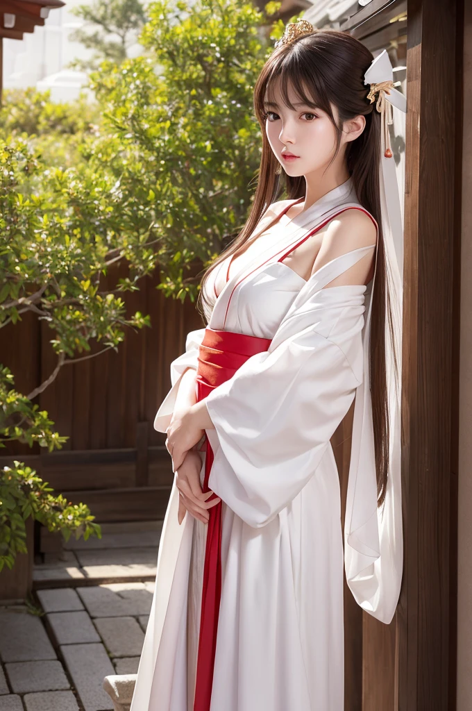 White Robe, Red line from shoulder to hip, a shinto shrine maiden, detailed face, detailed eyes, detailed lips, long straight brown hair, gold simple thin hair band, conservative outfit, holding silver scissors, standing in a shrine courtyard, upper body closeup, high quality, digital art, photorealistic, dramatic lighting, cinematic, masterpiece