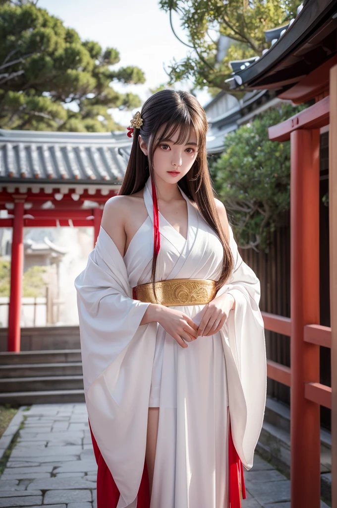 White Robe, Red line from shoulder to hip, a shinto shrine maiden, detailed face, detailed eyes, detailed lips, long straight brown hair, gold simple thin hair band, conservative outfit, holding silver scissors, standing in a shrine courtyard, upper body closeup, high quality, digital art, photorealistic, dramatic lighting, cinematic, masterpiece