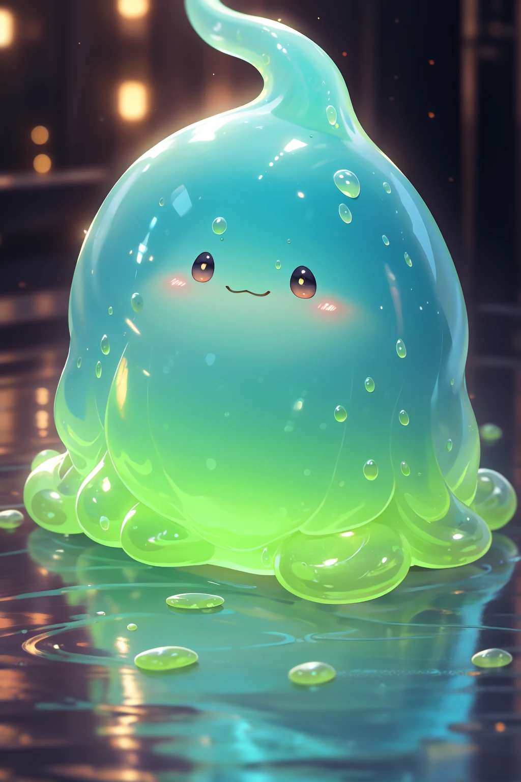 a gigantic slimy green slime creature,cute chubby slime,detailed slime texture,gooey viscous surface,shiny glossy slime,slimy oozing tentacles,gelatinous translucent body,mesmerizing undulating motion,ultra-detailed,8k,hyper realistic,photorealistic,studio lighting,vivid colors,intricate details,whimsical fantasy art