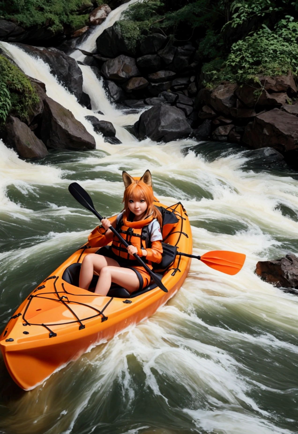 Ultra-realistic,1 fox girl sitting in an orange kayak,Down the rapids, Waterfall Background