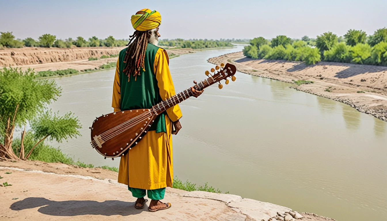 Shield of David,Indian,turbaned,Back view of an old man holding a sitar in the distance,On the banks of the Indus River,The clothes he wears are Rastafarian