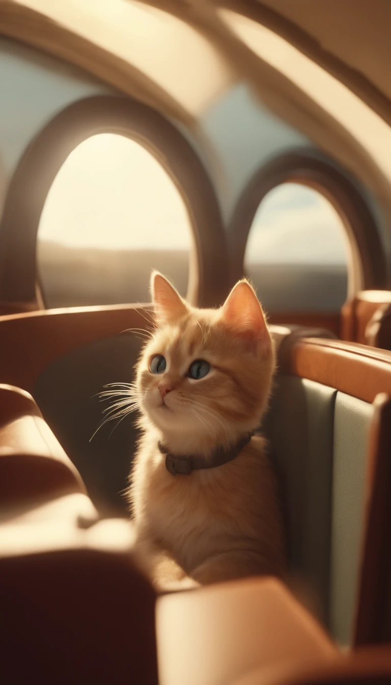 Animated cat traveling in a plane with her family 