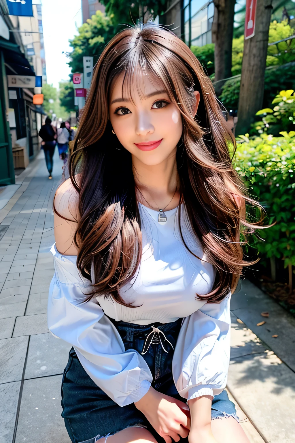 seed;2372725988,((Full Body Angle))、((Front hair:1.3))、((Highest quality, 8k, masterpiece: 1.3)), concentrated: 1.2, Cute girl 1,Nipples erect、 Perfect beauty: 1.4,Summer off-the-shoulder cropped T-shirt、Letter Print、Shorts: 1.2,Long sleeve、Randall Color、comics&Text Graphics、Black ruffle-trimmed drawstring zip blouse,1.1, Highly detailed face and skin textures, Fine grain, double eyelid, whitening skin, ,Highest quality,Ultra-high resolution,you,1 girl,alone,_Shiny_skin,Iris,necklace,((brown_length_Wavy_hair)),(lips)),eyelash,Front hair,deal with,compensate,Shiny,pore,skin,Large Breasts、((smiling face))、stroll、Selfie、