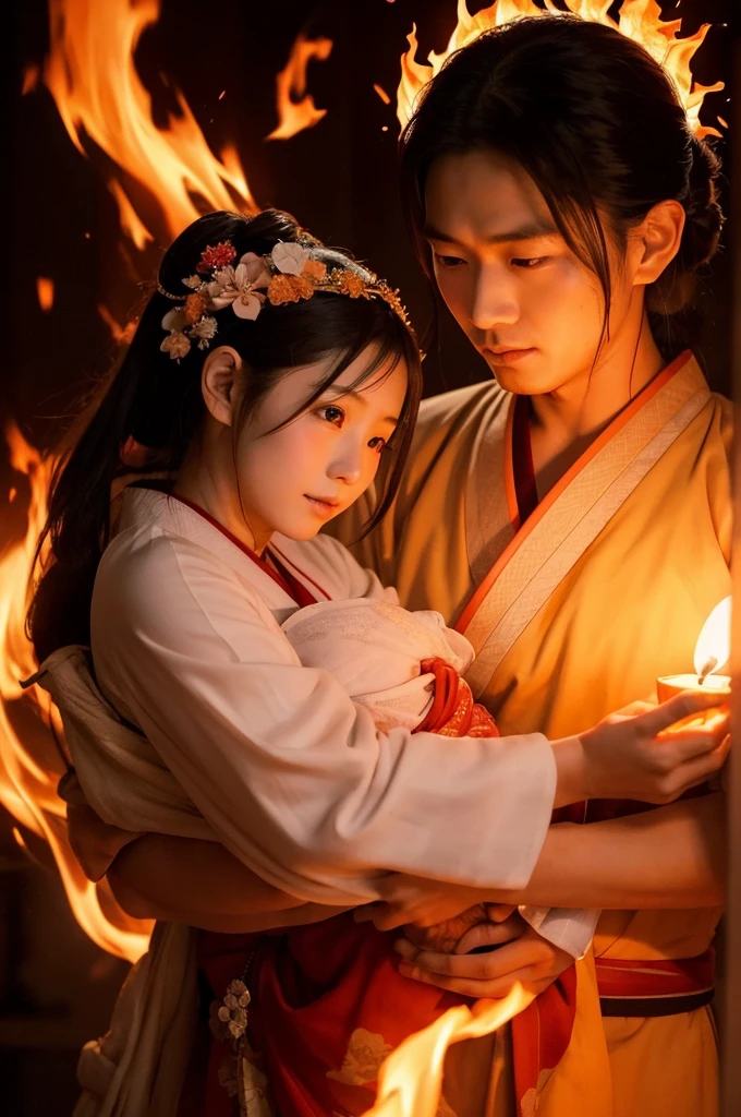 Konohana Sakuya-hime, with a determined and cute modern facial appearance and a touch of sensuality, holding a newborn baby in the midst of flames, demonstrating her courage and purity during childbirth. She is dressed in traditional Japanese clothing, slightly revealing, and the background is filled with intense flames, creating a heroic and dramatic scene.