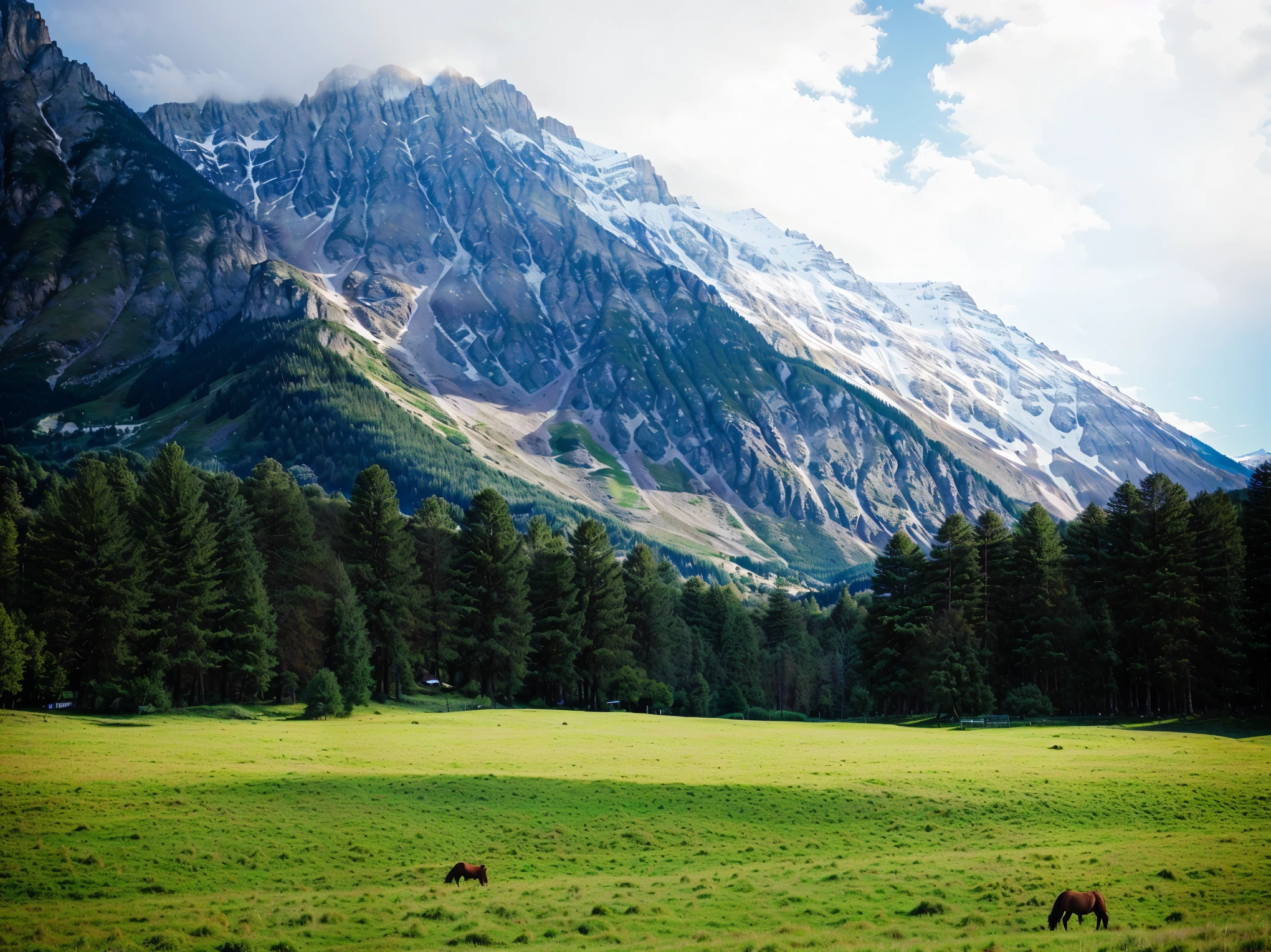 There is a horse standing in the field in front of the mountain, Mountain behind the grass, Mountain area, Mountains and forests background, Mountains in the background脉, Mountain scenery, Beautiful mountains behind, Magnificent natural scenery, Mountains in the background, Mountains in the background脉, Mountain background, Mountain area环境, Beautiful mountain background, Mountains in the background, Mountains in the background脉
