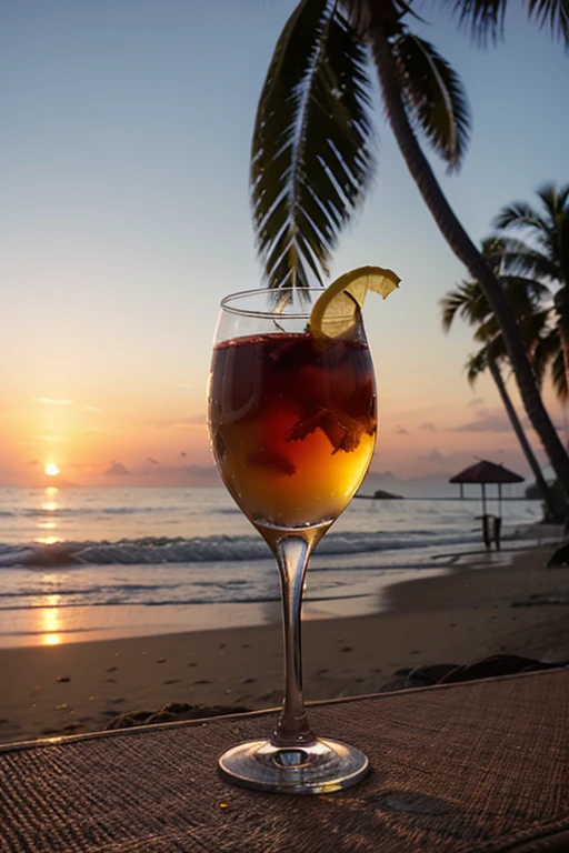 I need a photo of a glass of passionfruit tea on the sunset beach