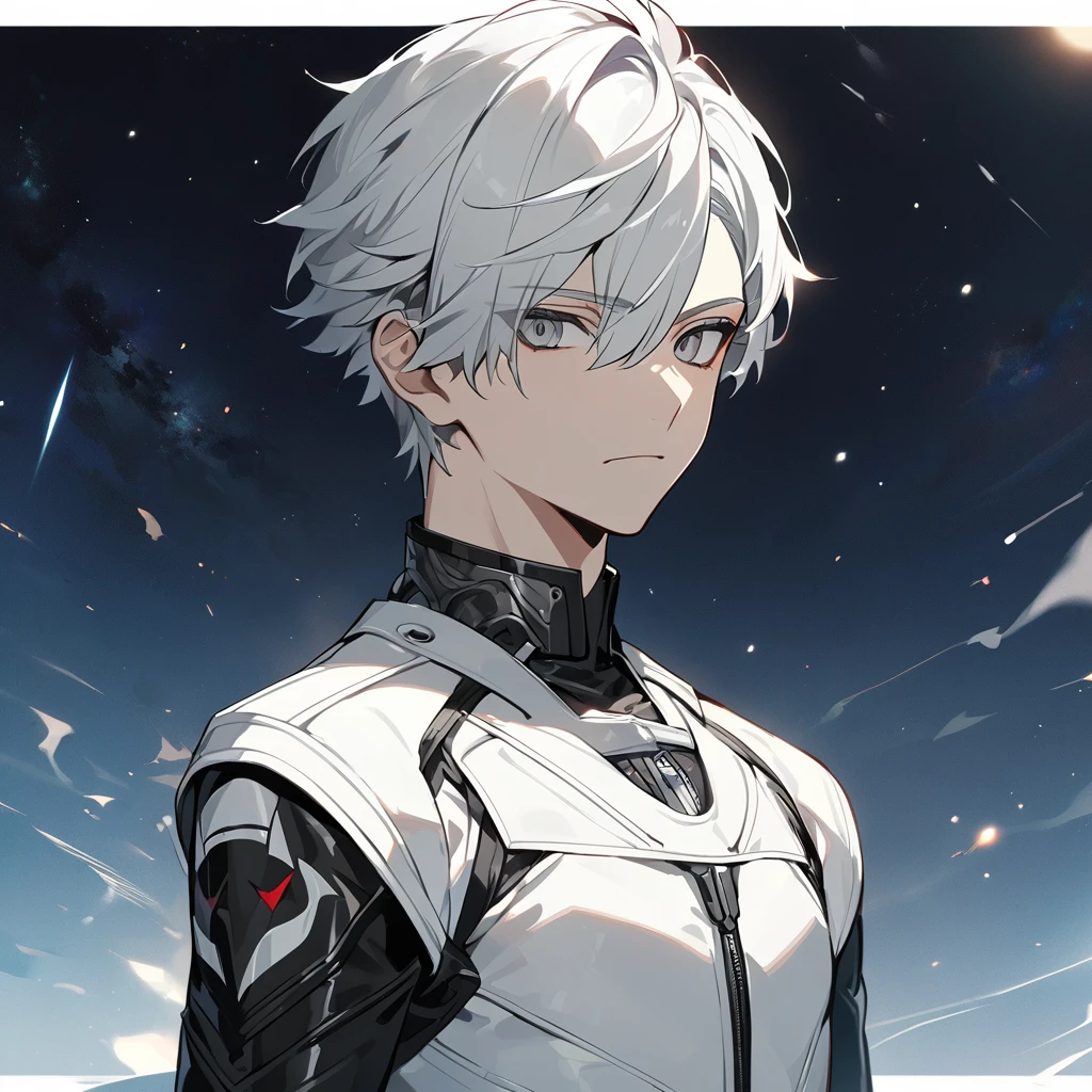 High quality, HD, 4k, no shadows, handsome male, 1male, , teenager, shwhite hair, sharp eyes, grey colored eyes, deep grey eyes, grey eyes, devil may cry, close up, calm expression, stoic expression, black leather clothes, white leather clothing, lean body, well trained body, upper body, looking at viewer, cowboy shot, white solar, space background