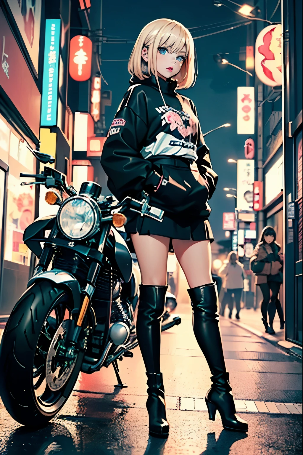 ((1woman, (solo, 1girl, alone), kohaku, blonde hair, blue eyes, tied hair)), smug, ((solo, (1woman, pink lipstick), Extremely detailed, ambient soft, (( black sweatshirt, white shirt, black skirt, black tights, leather boots, high heel boots, hands in pockets, next to a motorcycle, city at night, cyberpunk city, street, Japan, white motorcycle ))