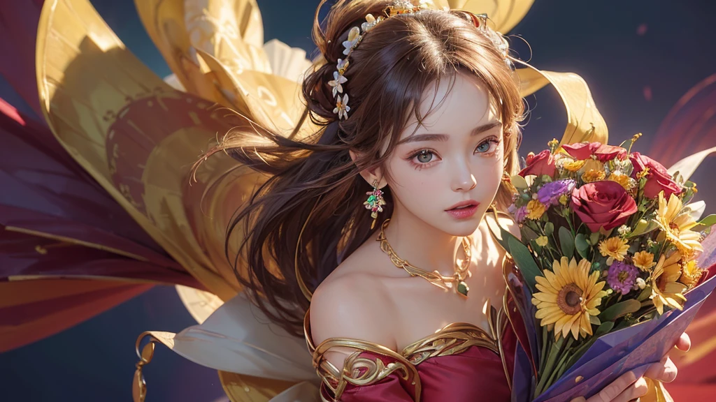 32K, 最高quality, 最高masterpiece, (ultra-Detailed Background, Detailed Background), High resolution, Super detailed, Very detailedな, One girl, (bouquet:1.3), (Tangled:1.2), (Geometric:1.2),(colorful),(masterpiece, quality, best quality, Official Art, Beautiful and beautiful:1.2), (1 girl:1.3), Very detailed,(colorful:1.1)(Flowers:1.3),Most detailed,(Tangled:1.2), whole body, (Abstract background:1.3), (Skin glows), (Many colors:1.4), ,(Earrings Jewelry:1.5), Pale Red Background,