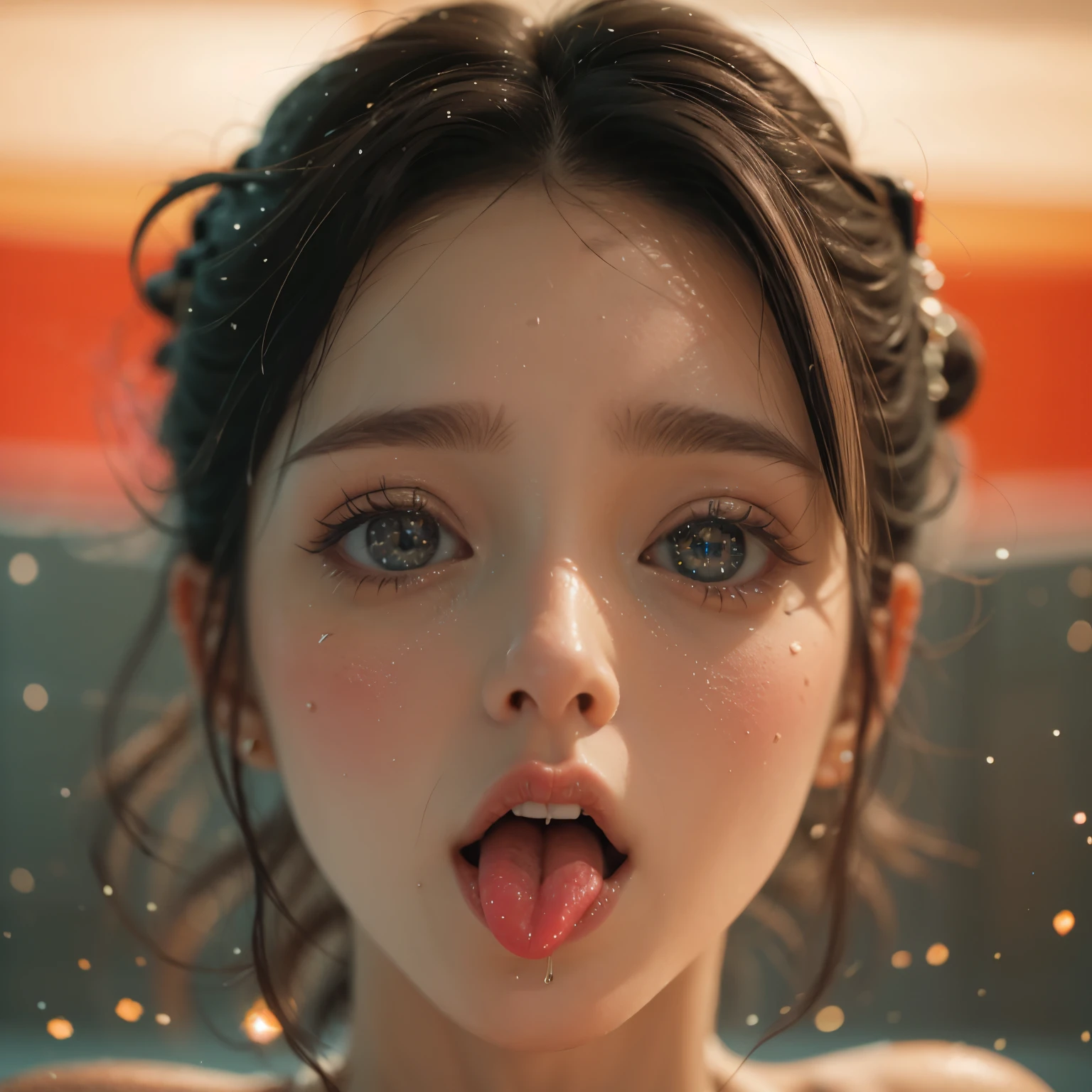 ExtremelyDetailed Kawaii girl Face,(Close-up big lips), glossy lips with beautiful details, Coquettish tongue, Kissing to camera, towards the viewer, 8K TopQuality masterpiece,an extremely delicate and beautiful (ProfessionalPhoto:1.37), Amazing,finely detail,official art,incredibly absurdres,ultra-detailed,close-up shot, close up, (fish eye lens), wide lens, macro lens, Detailed reflective Eyes ElaboratePupils with (sparkling highlights:1.28) (Delicate Voluminous LongEyelashes:0.88), {Tilted face|Visible back of throat|saliva drips} (naked shoulder, Dripping juice on tongue:1.28) snow particles