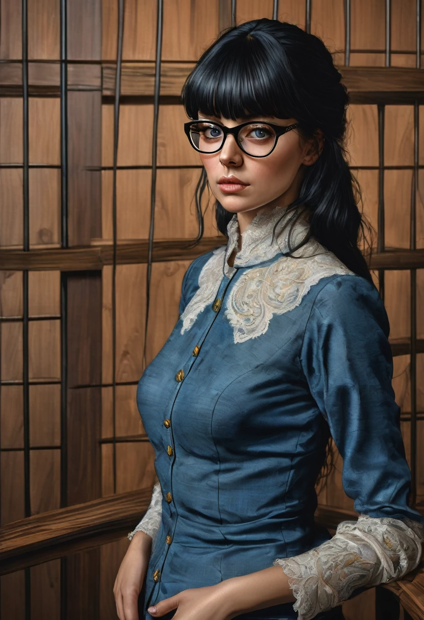 Arafed woman in a blue shirt and glasses standing straight with seriousness in front of a wooden wall, inspired by the style of Bernardino Mei. The portrait is reminiscent of the Renaissance era but with modern touches, as seen on Reddit. The photograph has a credit of AP and Lindsey Look, featuring the woman with blunt bangs falling on her forehead. The medium closeup captures her behind bars in a courtroom, with a serious and intense theme. Her black hair with bangs frames her face, and the artistic influence of Robin Eley adds a special touch to the image. The courtroom setting enhances the gravity of the scene.