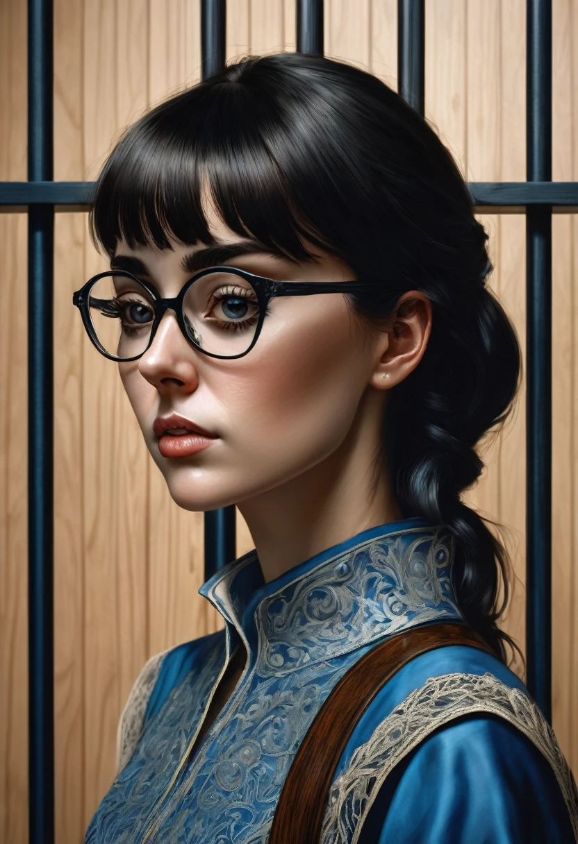 Arafed woman in a blue shirt and glasses standing straight with seriousness in front of a wooden wall, inspired by the style of Bernardino Mei. The portrait is reminiscent of the Renaissance era but with modern touches, as seen on Reddit. The photograph has a credit of AP and Lindsey Look, featuring the woman with blunt bangs falling on her forehead. The medium closeup captures her behind bars in a courtroom, with a serious and intense theme. Her black hair with bangs frames her face, and the artistic influence of Robin Eley adds a special touch to the image. The courtroom setting enhances the gravity of the scene.