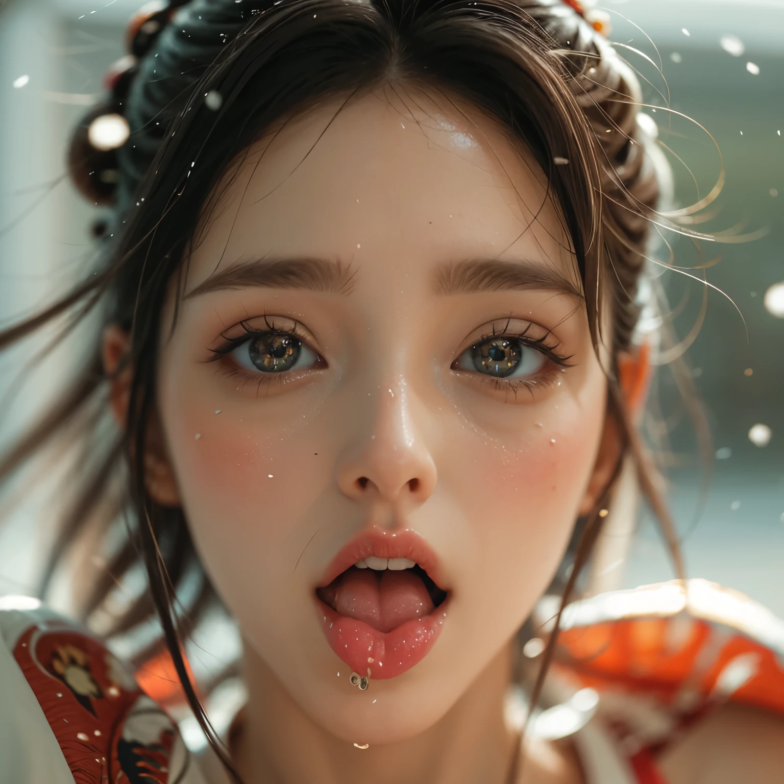 ExtremelyDetailed Kawaii girl Face,(Close-up big lips), glossy lips with beautiful details, Coquettish tongue, Kissing to camera, towards the viewer, 8K TopQuality masterpiece,an extremely delicate and beautiful (ProfessionalPhoto:1.37), Amazing,finely detail,official art,incredibly absurdres,ultra-detailed,close-up shot, close up, (fish eye lens), wide lens, macro lens, Detailed reflective Eyes ElaboratePupils with (sparkling highlights:1.28) (Delicate Voluminous LongEyelashes:0.88), {Tilted face|Visible back of throat|saliva drips} (naked shoulder, Dripping juice on tongue:1.28) snow particles
