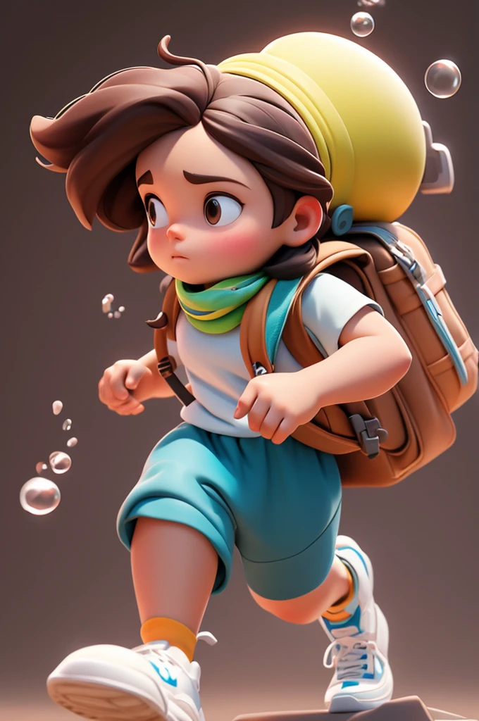 A young girl running, A camera was slung around his neck.Brown hair, Wearing sportswear, Carrying a backpack,Blank Background ,Detailed description，Bubble Matte Style, Clay material, Hue, Strong depth, 3d, C4D,, Simple background, Blender, high quality, high resolution, 32K, 9:16 -- 180 -- Less than 6