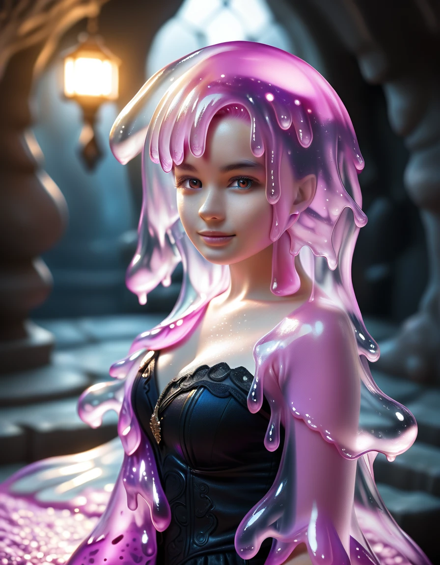 a beautiful (slime girl:2.0) transforming in a dark fantasy dungeon, highly detailed and realistic, transparent and glowing skin, stunning young woman, game monster, ultra-detailed, 8k, photorealistic, masterpiece, dramatic lighting, ethereal, otherworldly, glowing, intricate, flowing hair, elegant pose