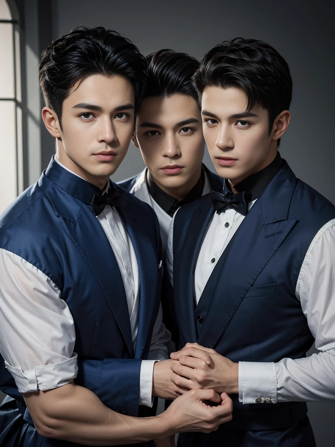((masterpiece)),((best quality)),8K,high detail,Very detailed, Very manly,3 men, like,fashion pose, Realistic skin texture, Light,
Royal blue style couple