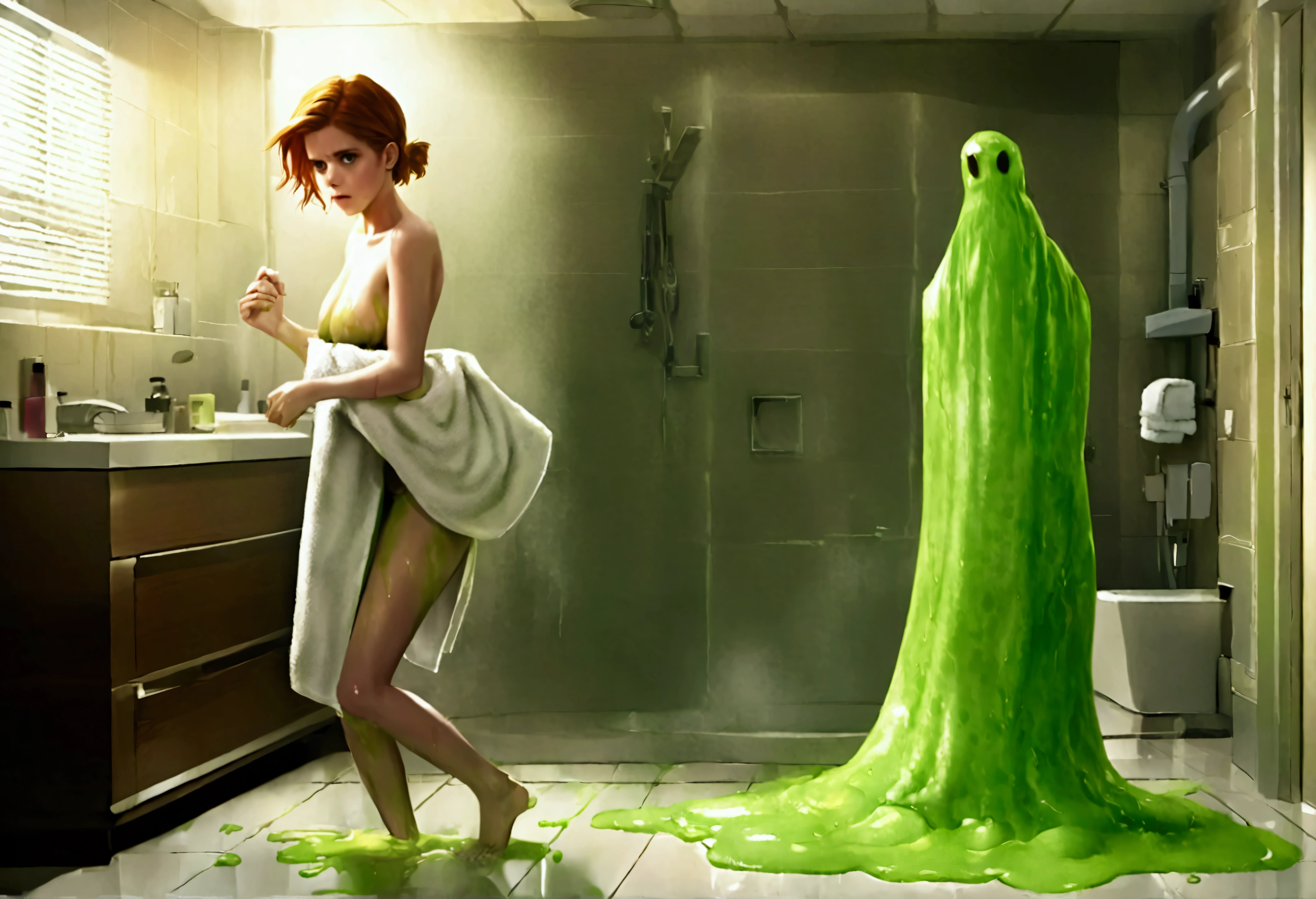 Kate Mara, age 25, dressed in a bath towel, is fleeing from her bathroom which is filling with translucent slime, movie monster Freddy Kreuger