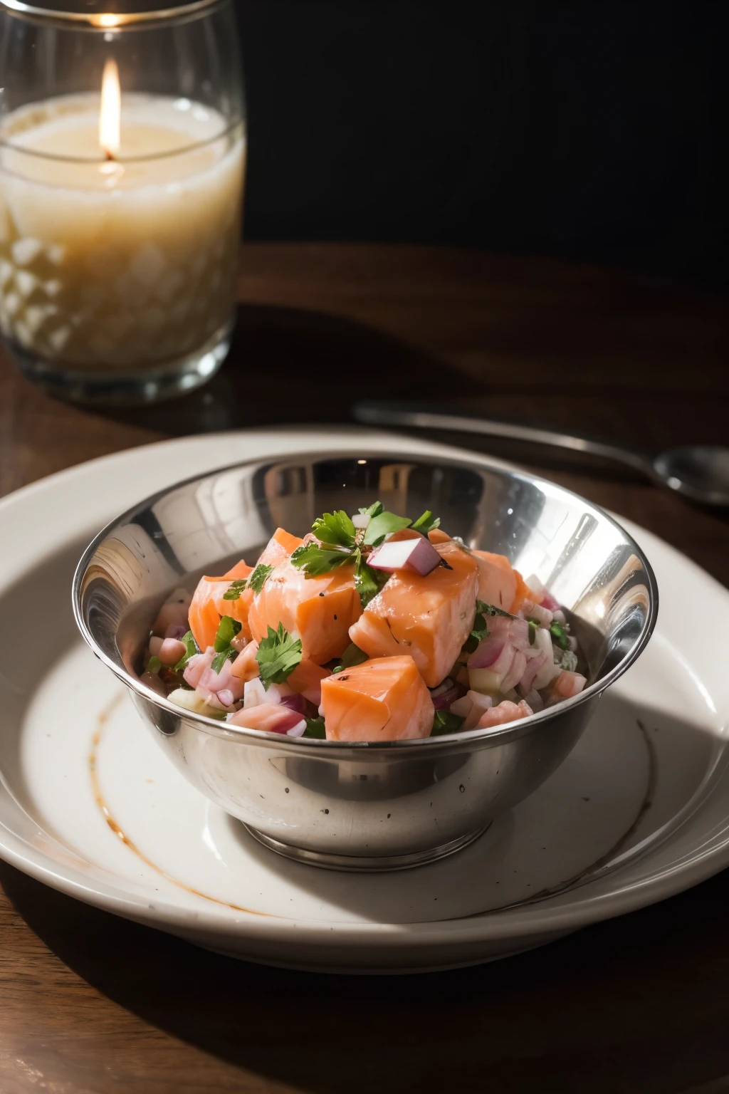 a beautiful silver dish with small cubes of salmon ceviche, red onion, and cilantro, realistic, high quality, detailed, dramatic lighting, cinematic, warm colors, elegant, sophisticated