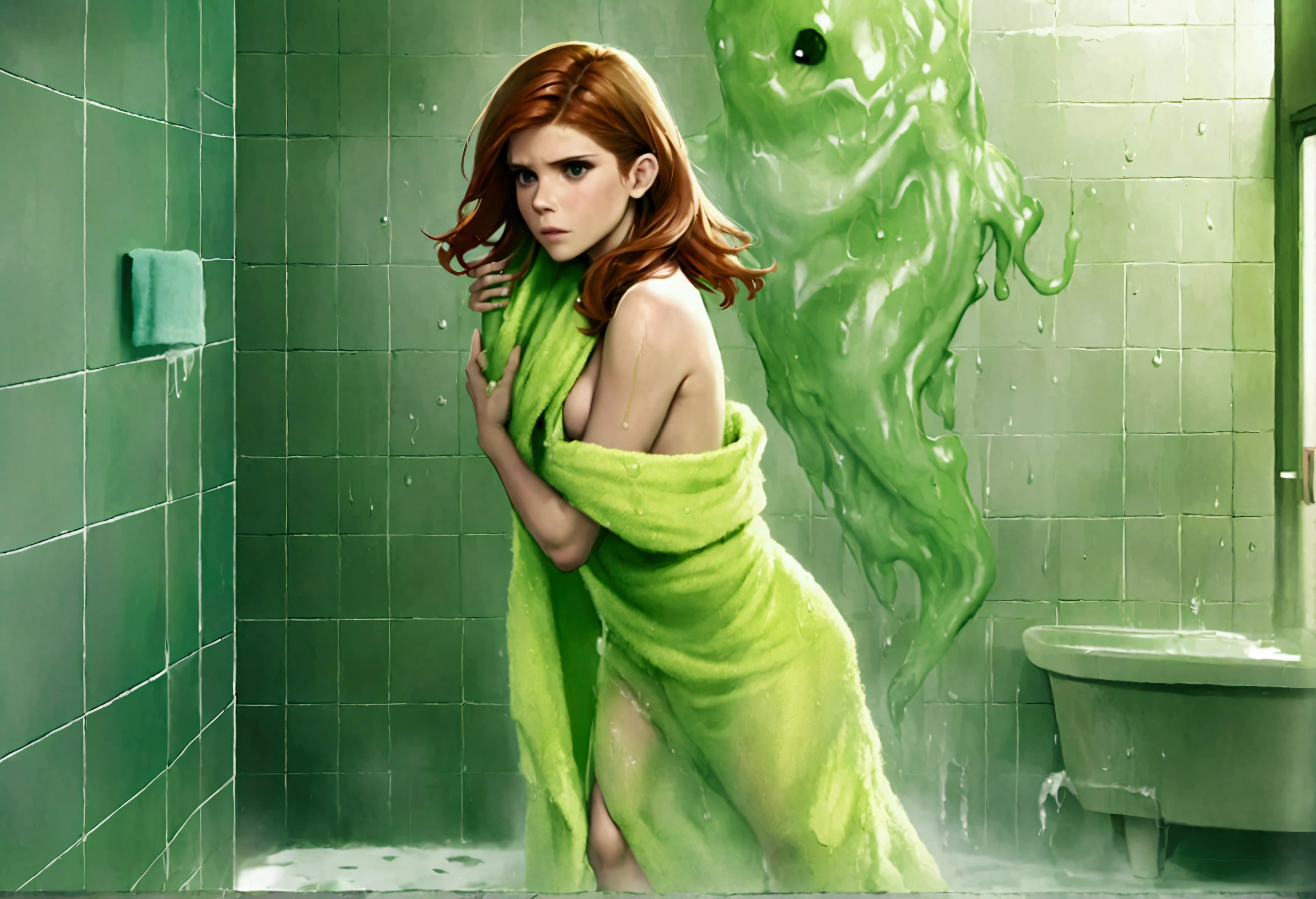 Kate Mara, age 25, dressed in a bath towel, is fleeing from her bathroom which is filling with translucent slime, movie monster Freddy Kreuger