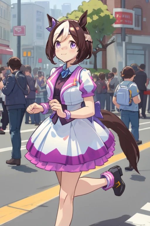 8k, RAW photo, best quality, masterpiece:1.2, special_week_\(umamusume\), looking at viewer, horse tail, smile, alternate costume, running, street