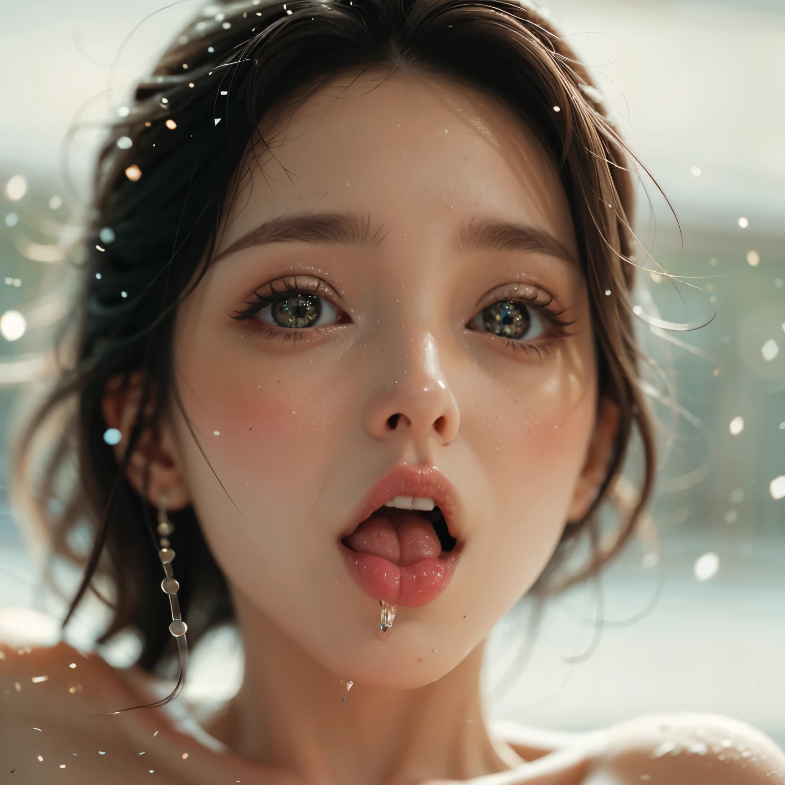 ExtremelyDetailed Kawaii girl Face,(Close-up big lips), glossy lips with beautiful details, Coquettish tongue, Kissing to camera, towards the viewer, 8K TopQuality masterpiece,an extremely delicate and beautiful (ProfessionalPhoto:1.37), Amazing,finely detail,official art,incredibly absurdres,ultra-detailed,close-up shot, close up, (fish eye lens), wide lens, macro lens, Detailed reflective Eyes ElaboratePupils with (sparkling highlights:1.28) (Delicate Voluminous LongEyelashes:0.88), {Tilted face|Visible back of throat|saliva drips} (naked shoulder, Dripping juice on tongue:1.28) snow particles