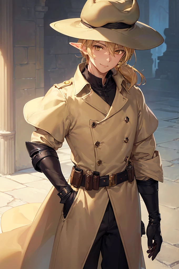(((masterpiece; best quality: 1.2))), (finely detailed eyes: 1.3), (25 year old elf man), (solo), (yellow eyes: 1.4), (body; toned, fit, masculine: 1.3), (silky blonde hair in low ponytail: 1.3), (beautiful and clear background: 1.2), ((depth of field)), (equipment: adventurer garb + modest + elegant wide-brimmed hunter hat + beige overcoat + shirt + long black slanted cape + black pants + gloves + belt + pouches: 1.3), (anime illustration: 1.2), (background composition; royal garden: 1.1), (extremely fine and handsome: 1.1), (shot composition; standing + centered on torso + close-up: 1.5), (expression; calm, smile: 1.2)