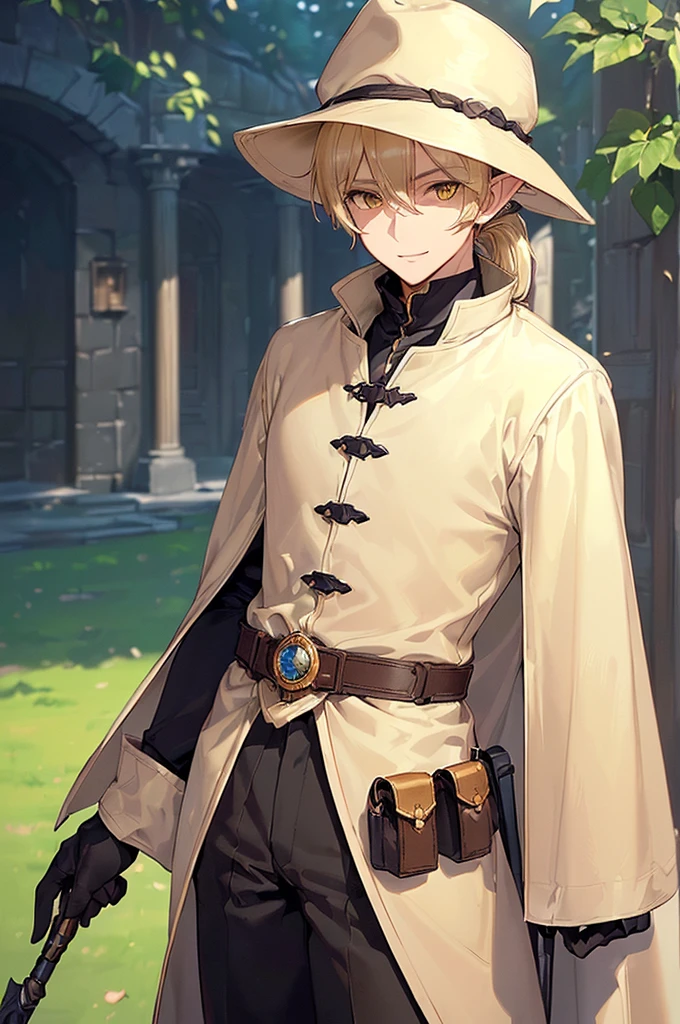 (((masterpiece; best quality: 1.2))), (finely detailed eyes: 1.3), (25 year old elf man), (solo), (yellow eyes: 1.4), (body; toned, fit, masculine: 1.3), (silky blonde hair in low ponytail: 1.3), (beautiful and clear background: 1.2), ((depth of field)), (equipment: adventurer garb + modest + elegant wide-brimmed hunter hat + beige overcoat + shirt + long black slanted cape + black pants + gloves + belt + pouches: 1.3), (anime illustration: 1.2), (background composition; royal garden: 1.1), (extremely fine and handsome: 1.1), (shot composition; standing + centered on torso + close-up: 1.5), (expression; calm, smile: 1.2)