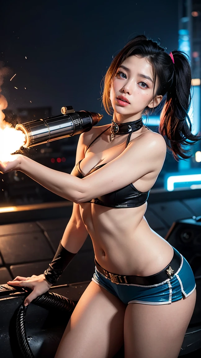 Classic Jinx from League of Legends by Riot Games: Jinx in her classic outfit, massive k-cups,a punk-inspired look with a pink and blue color scheme, wielding her massive rocket launcher, Fishbones, and her mini-gun, Pow-Pow, unleashing a barrage of rockets from Fishbones, causing explosions all around, with "Super Mega Death Rocket!" launching a massive rocket leaving a trail of destruction.