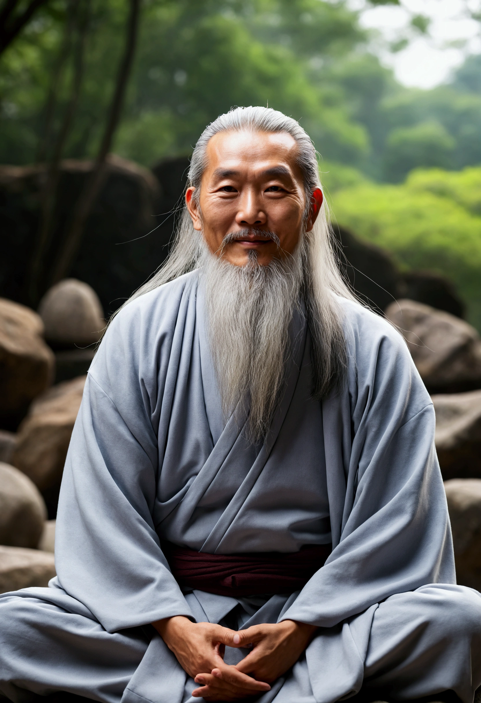30-year-old Asian middle-aged Taoist elder sitting on stone close-up,Long whit hair,long beard,Cross-legged meditation,Daoism, Wearing a gray robe,magic aura,Master of Taoism,Taoist,at centre,Face the lens,Very bright colors, light Particle, with light glowing, Mushiv, Wallpaper Art, UHD Wallpapers, (smile).